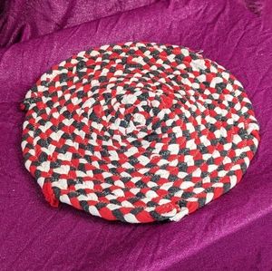 Upcycled fabric trivet hot pad- bright red, cream, and grey